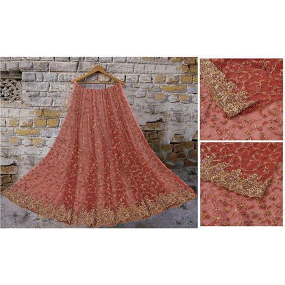 Sanskriti Vintage Red Long Unstitched Lehenga Net Mesh Hand Embroidered Zardozi