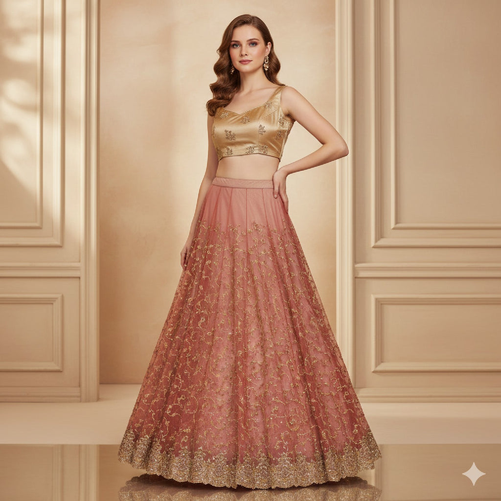 Sanskriti Vintage Red Long Unstitched Lehenga Net Mesh Hand Embroidered Zardozi