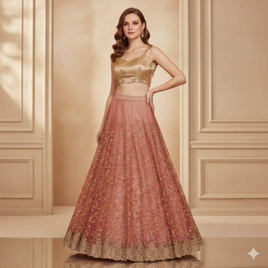 Sanskriti Vintage Red Long Unstitched Lehenga Net Mesh Hand Embroidered Zardozi