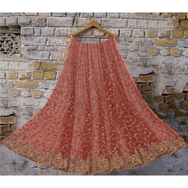 Sanskriti Vintage Red Long Unstitched Lehenga Net Mesh Hand Embroidered Zardozi