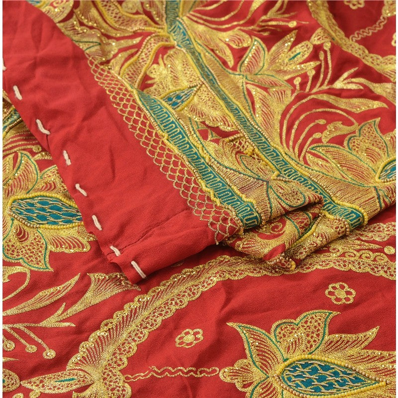 Sanskriti Vintage Red Long Unstitched Lehenga Art Silk Hand Embroidered Zardozi