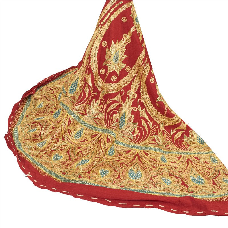 Sanskriti Vintage Red Long Unstitched Lehenga Art Silk Hand Embroidered Zardozi