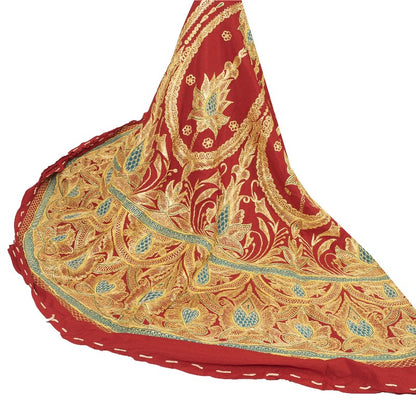 Sanskriti Vintage Red Long Unstitched Lehenga Art Silk Hand Embroidered Zardozi
