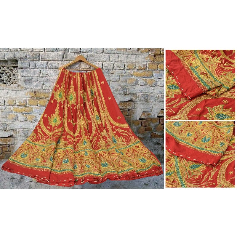 Sanskriti Vintage Red Long Unstitched Lehenga Art Silk Hand Embroidered Zardozi