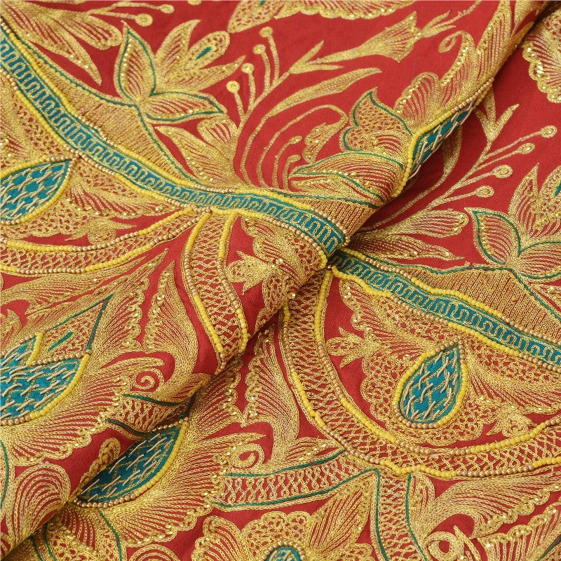 Sanskriti Vintage Red Long Unstitched Lehenga Art Silk Hand Embroidered Zardozi