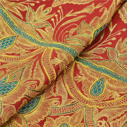 Sanskriti Vintage Red Long Unstitched Lehenga Art Silk Hand Embroidered Zardozi