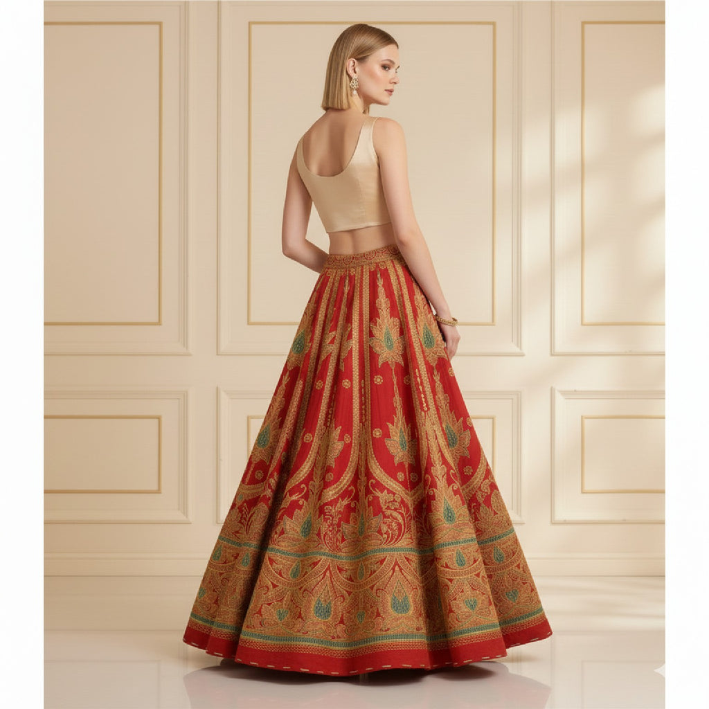 Sanskriti Vintage Red Long Unstitched Lehenga Art Silk Hand Embroidered Zardozi