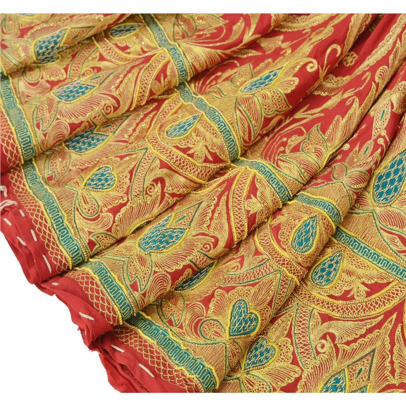 Sanskriti Vintage Red Long Unstitched Lehenga Art Silk Hand Embroidered Zardozi