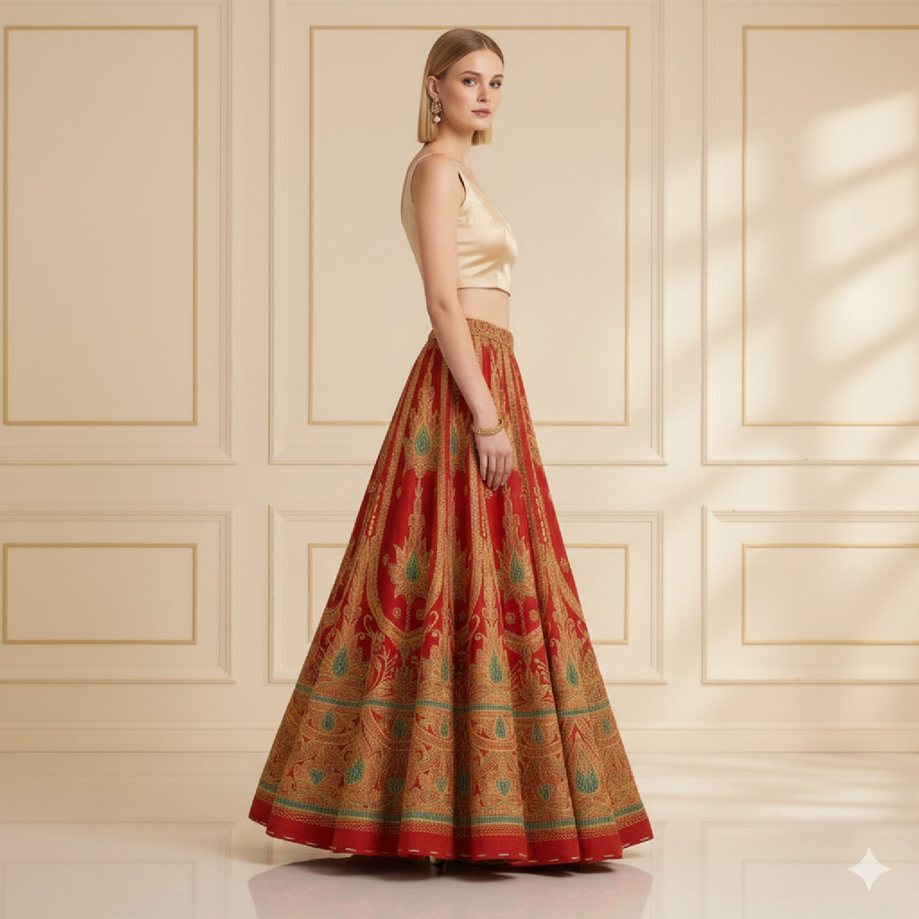 Sanskriti Vintage Red Long Unstitched Lehenga Art Silk Hand Embroidered Zardozi