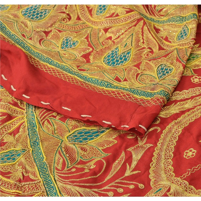 Sanskriti Vintage Red Long Unstitched Lehenga Art Silk Hand Embroidered Zardozi