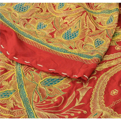 Sanskriti Vintage Red Long Unstitched Lehenga Art Silk Hand Embroidered Zardozi