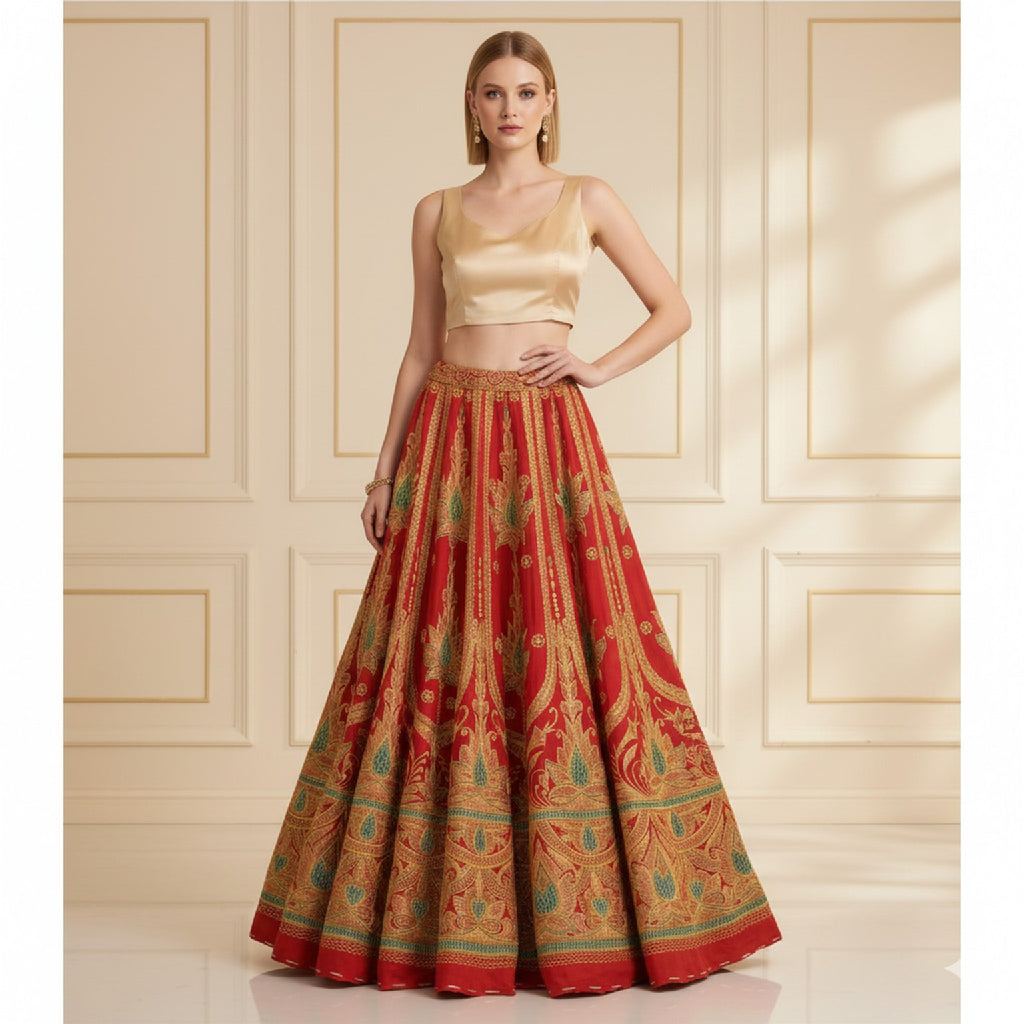 Sanskriti Vintage Red Long Unstitched Lehenga Art Silk Hand Embroidered Zardozi