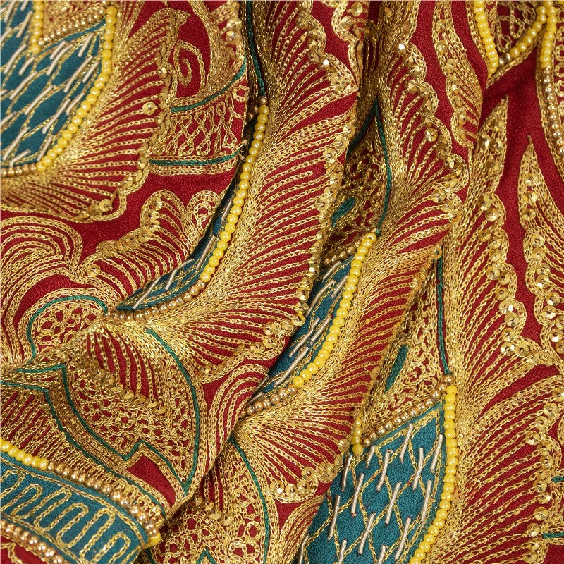 Sanskriti Vintage Red Long Unstitched Lehenga Art Silk Hand Embroidered Zardozi