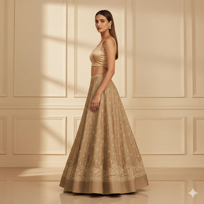 Sanskriti Vintage Copper Long Unstitch Lehenga Pure Silk Hand Embroidery Zardozi