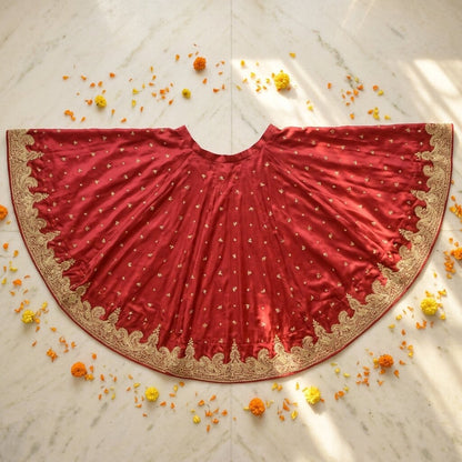 Sanskriti New Red Satin Silk Unstitch Bollywood Lehenga Hand Embroidered Zardozi
