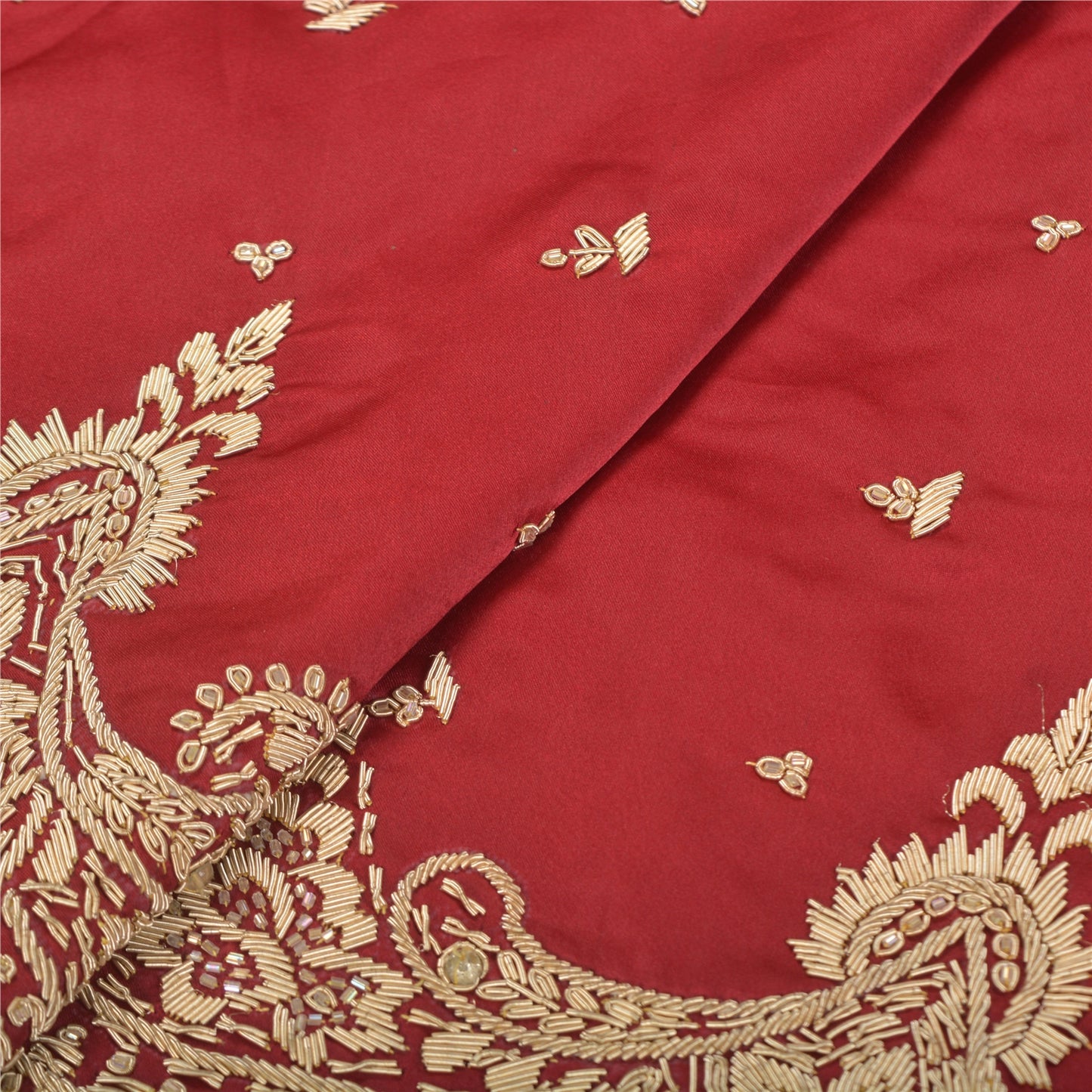 Sanskriti New Red Satin Silk Unstitch Bollywood Lehenga Hand Embroidered Zardozi