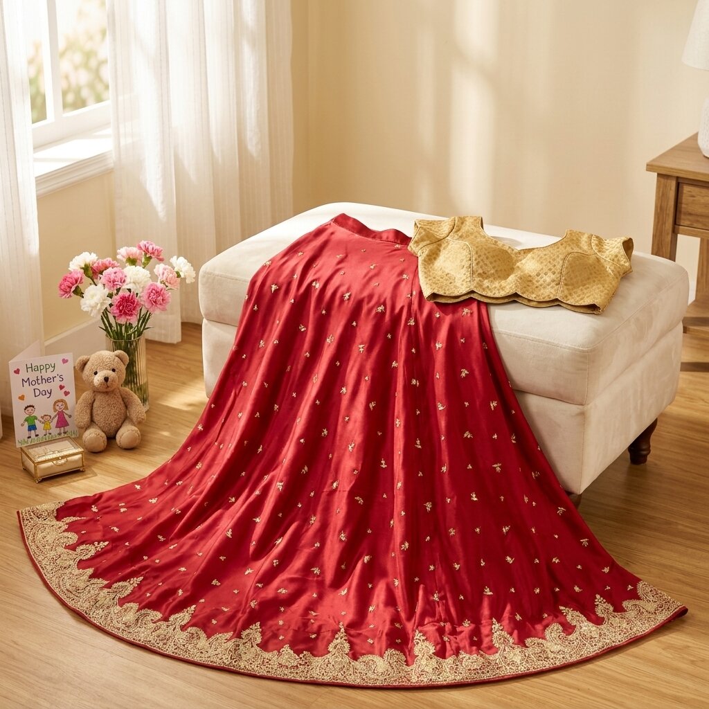 Sanskriti New Red Satin Silk Unstitch Bollywood Lehenga Hand Embroidered Zardozi