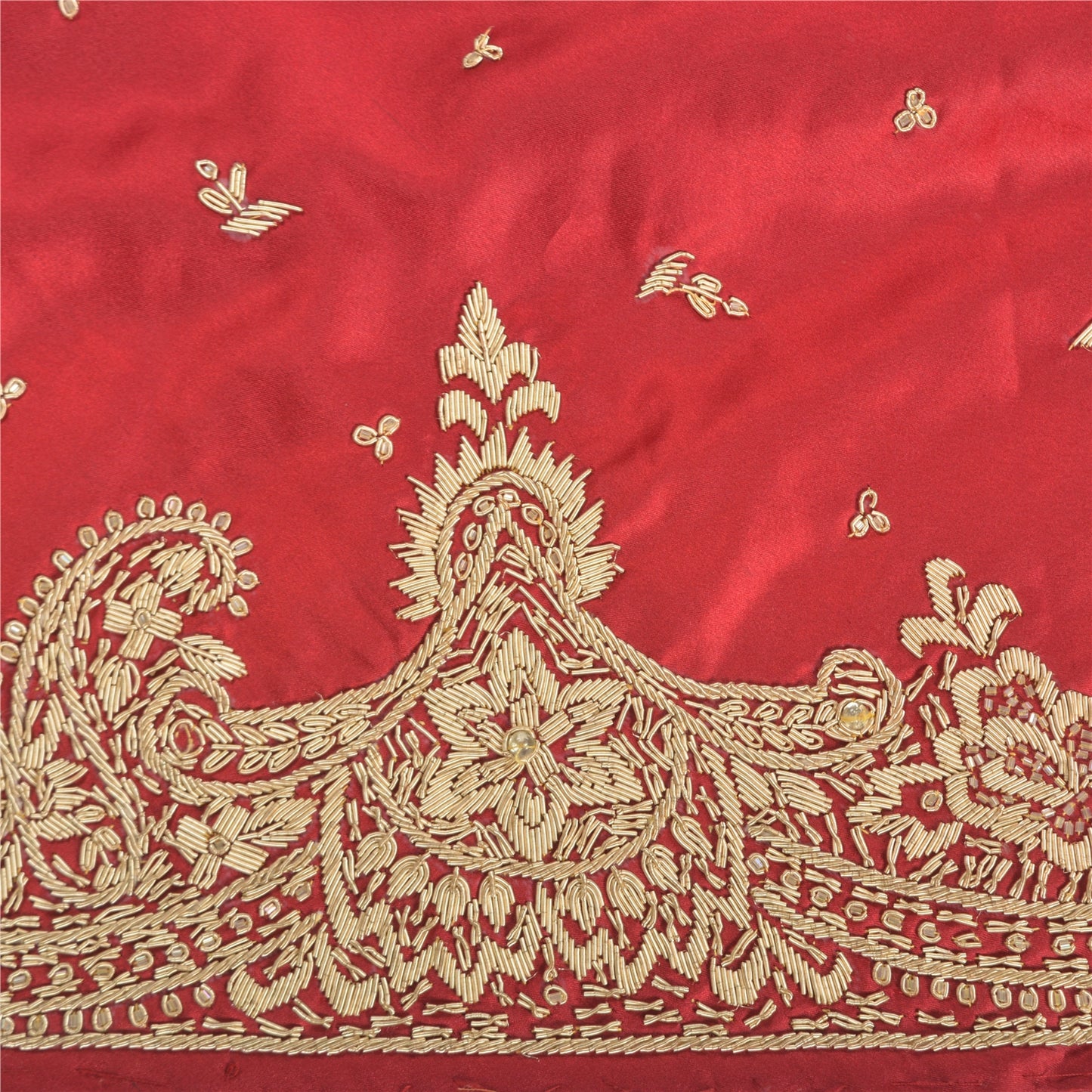 Sanskriti New Red Satin Silk Unstitch Bollywood Lehenga Hand Embroidered Zardozi