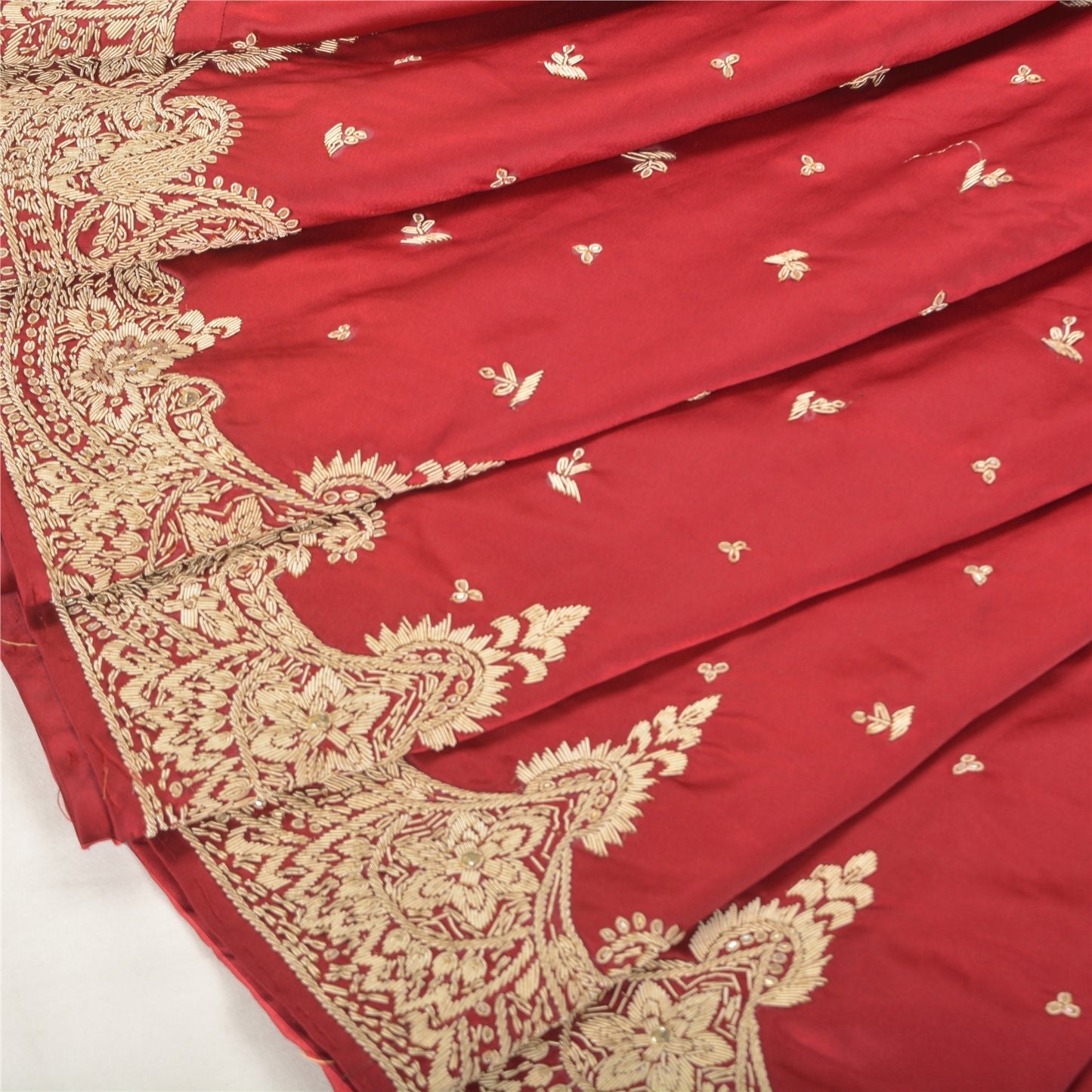 Sanskriti New Red Satin Silk Unstitch Bollywood Lehenga Hand Embroidered Zardozi