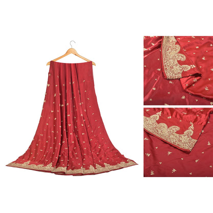 Sanskriti New Red Satin Silk Unstitch Bollywood Lehenga Hand Embroidered Zardozi