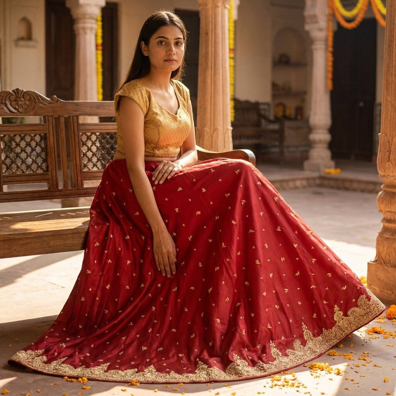 Sanskriti New Red Satin Silk Unstitch Bollywood Lehenga Hand Embroidered Zardozi
