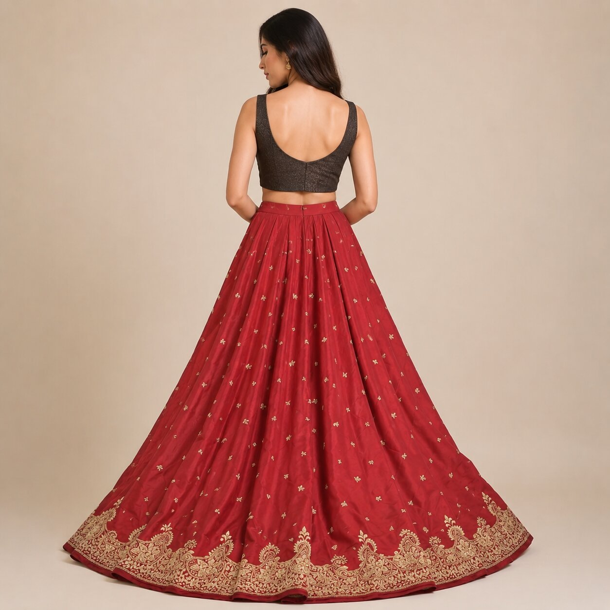 Sanskriti New Red Satin Silk Unstitch Bollywood Lehenga Hand Embroidered Zardozi