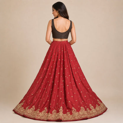 Sanskriti New Red Satin Silk Unstitch Bollywood Lehenga Hand Embroidered Zardozi