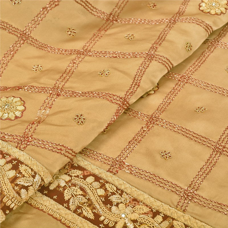 Sanskriti Vintage Beige Long Unstitch Lehenga Pure Satin Hand Embroidery Zardozi