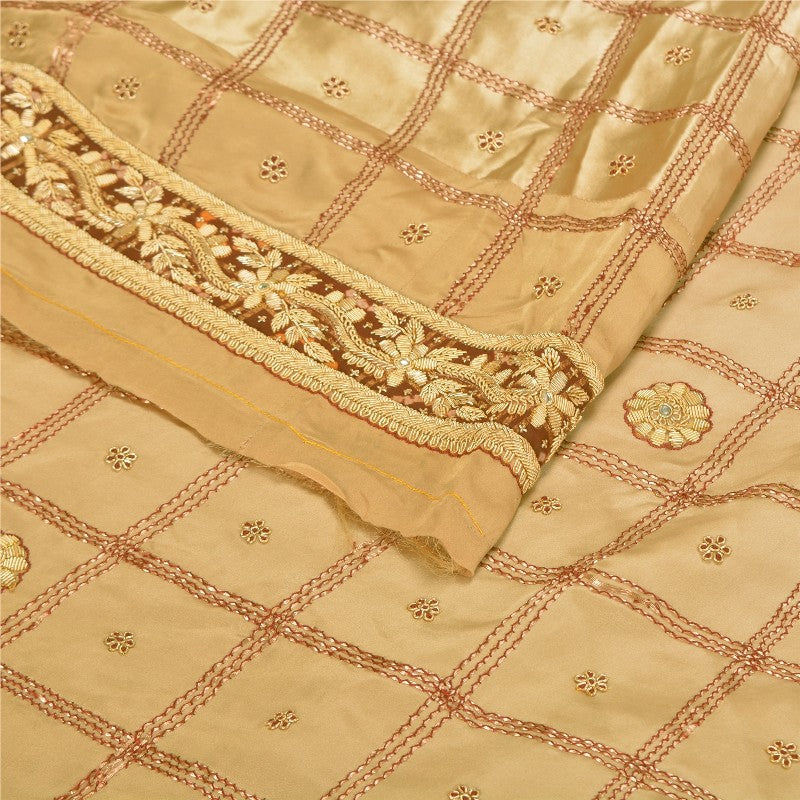 Sanskriti Vintage Beige Long Unstitch Lehenga Pure Satin Hand Embroidery Zardozi