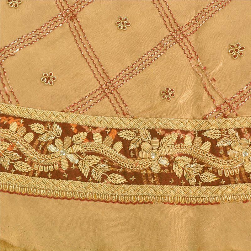 Sanskriti Vintage Beige Long Unstitch Lehenga Pure Satin Hand Embroidery Zardozi