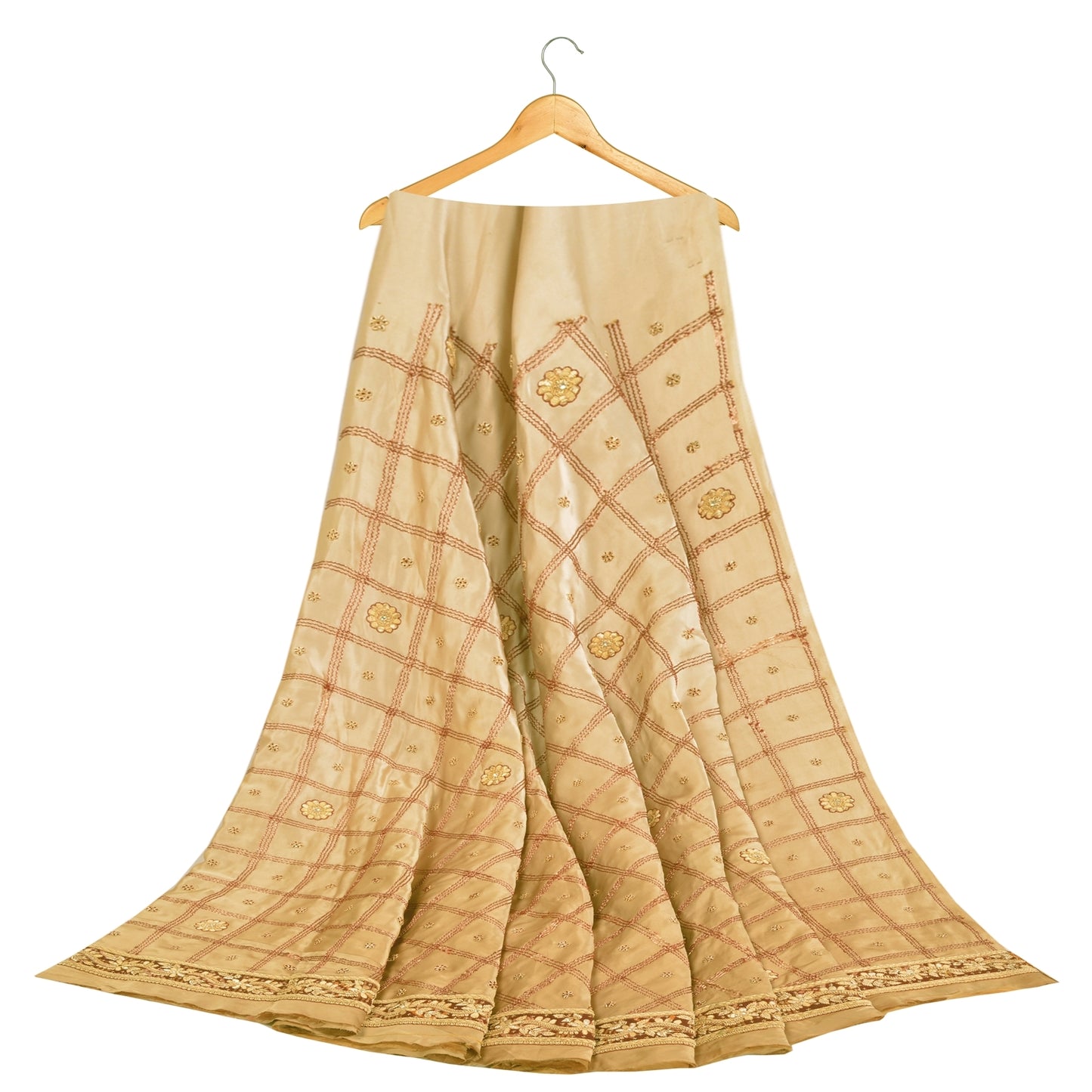 Sanskriti Vintage Beige Long Unstitch Lehenga Pure Satin Hand Embroidery Zardozi