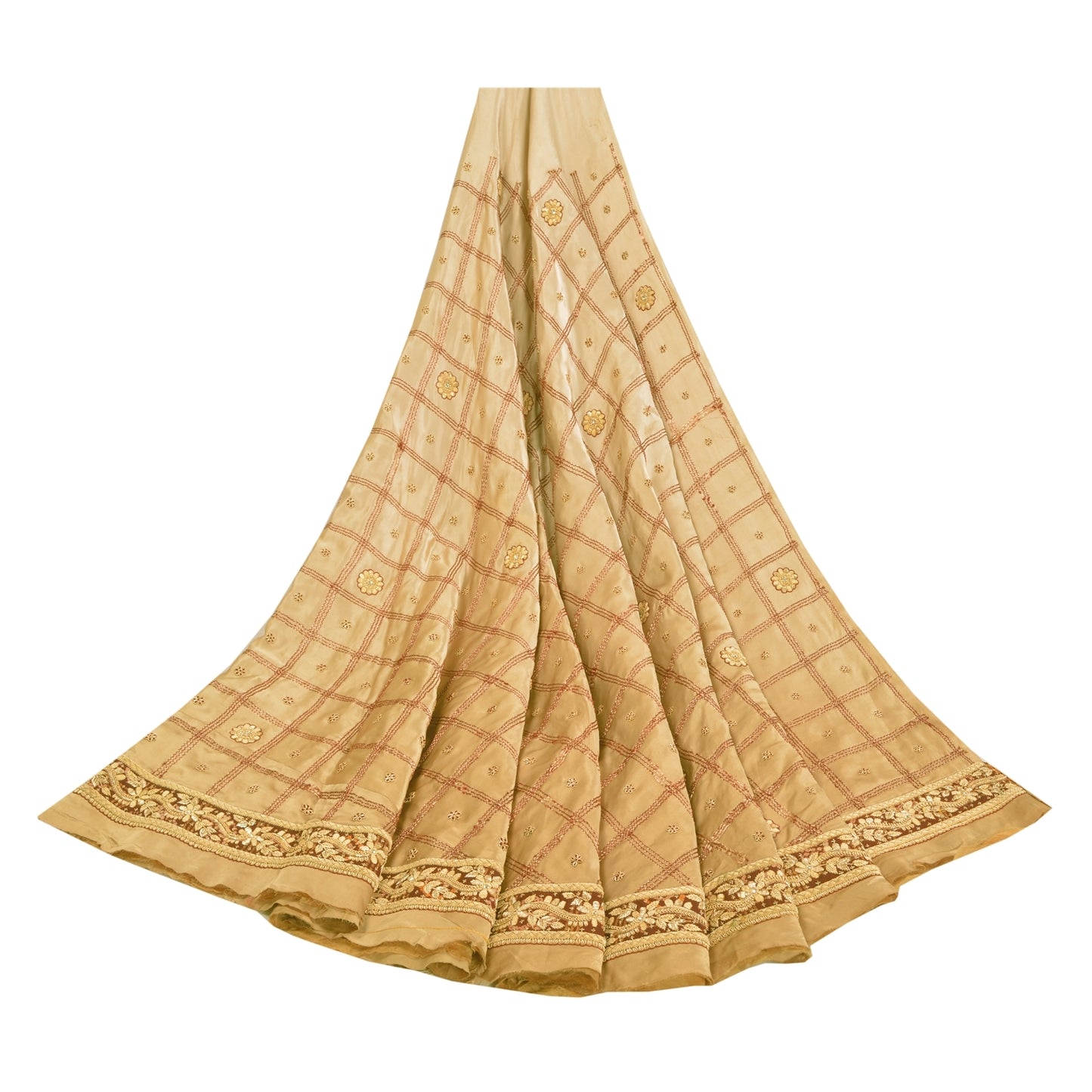 Sanskriti Vintage Beige Long Unstitch Lehenga Pure Satin Hand Embroidery Zardozi