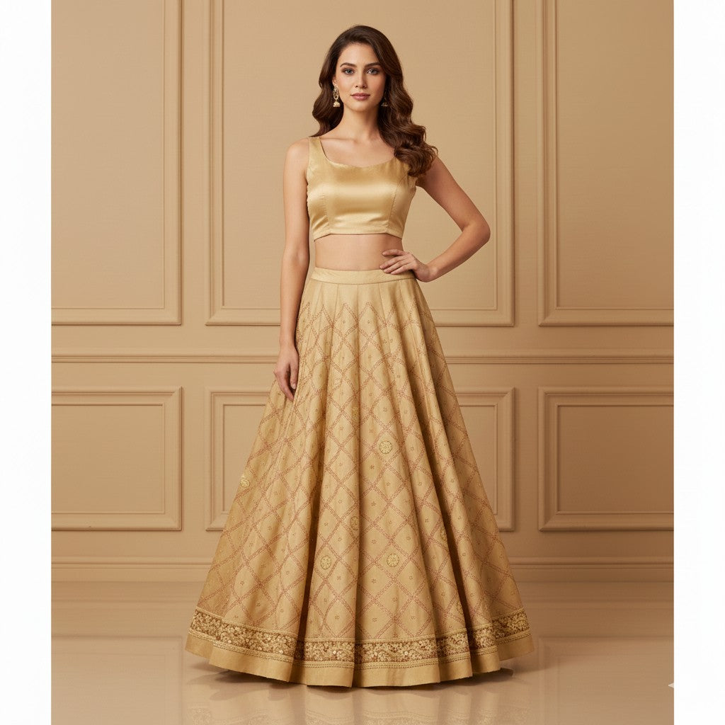 Sanskriti Vintage Beige Long Unstitch Lehenga Pure Satin Hand Embroidery Zardozi