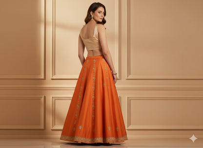Sanskriti Vintage Orange Long Unstitch Lehenga Pure Satin Han embroidery Zardozi