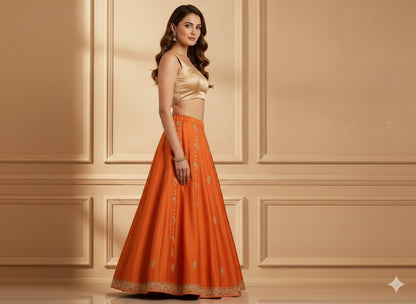 Sanskriti Vintage Orange Long Unstitch Lehenga Pure Satin Han embroidery Zardozi