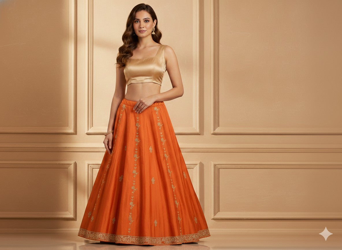 Sanskriti Vintage Orange Long Unstitch Lehenga Pure Satin Han embroidery Zardozi
