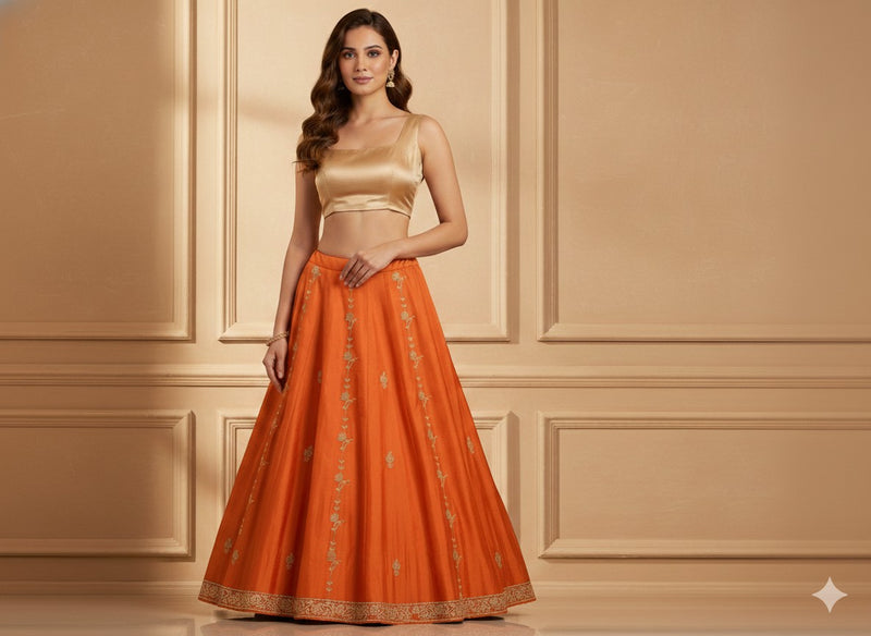 Sanskriti Vintage Orange Long Unstitch Lehenga Pure Satin Han embroidery Zardozi