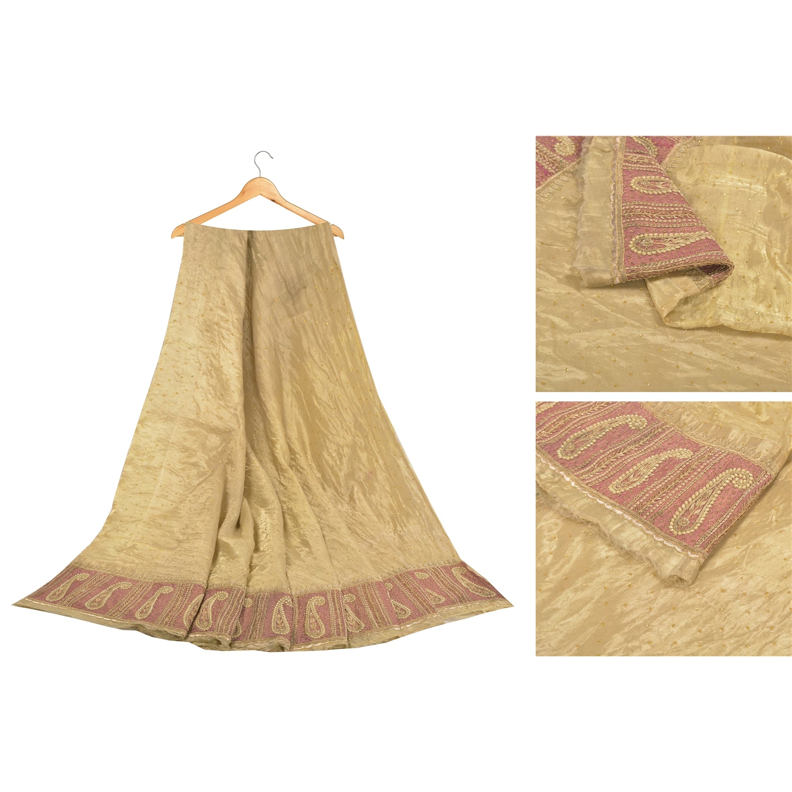 Sanskriti Vintage Long Unstitch GoldenGreen Lehenga Pure Tissue Handmade Zardozi