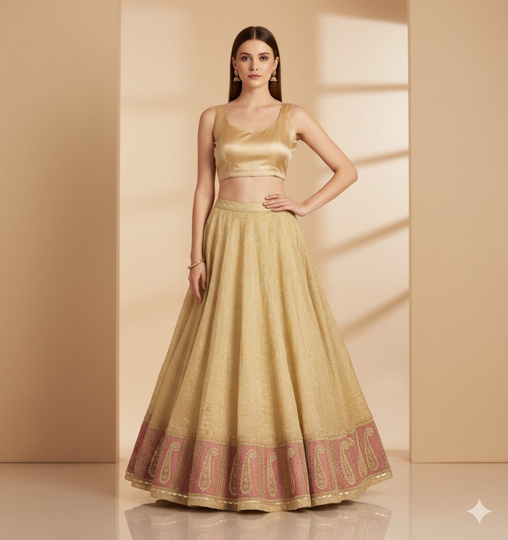 Sanskriti Vintage Long Unstitch GoldenGreen Lehenga Pure Tissue Handmade Zardozi