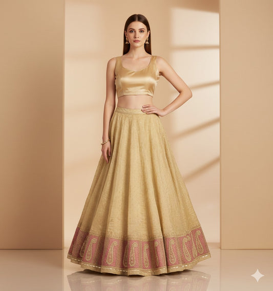 Sanskriti Vintage Long Unstitch GoldenGreen Lehenga Pure Tissue Handmade Zardozi