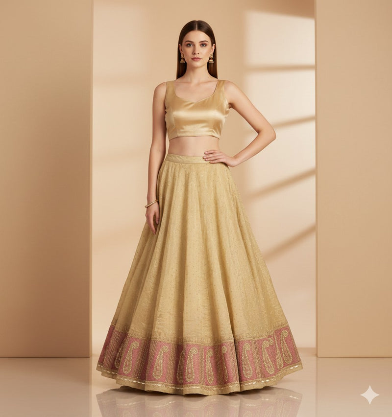 Sanskriti Vintage Long Unstitch GoldenGreen Lehenga Pure Tissue Handmade Zardozi