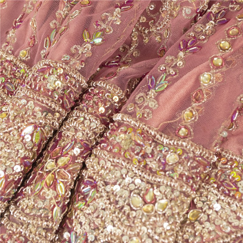 Sanskriti Vintage Pink Long Indian Stitched Lehenga Net Mesh Hand Embroidered