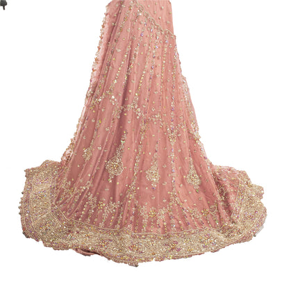 Sanskriti Vintage Pink Long Indian Stitched Lehenga Net Mesh Hand Embroidered