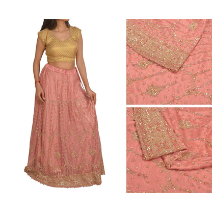 Sanskriti Vintage Pink Long Indian Stitched Lehenga Net Mesh Hand Embroidered