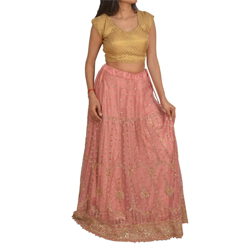 Sanskriti Vintage Pink Long Indian Stitched Lehenga Net Mesh Hand Embroidered