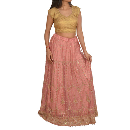Sanskriti Vintage Pink Long Indian Stitched Lehenga Net Mesh Hand Embroidered