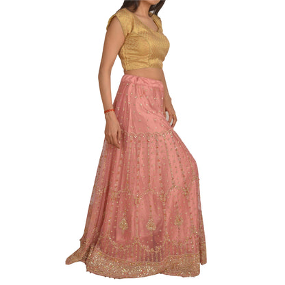 Sanskriti Vintage Pink Long Indian Stitched Lehenga Net Mesh Hand Embroidered