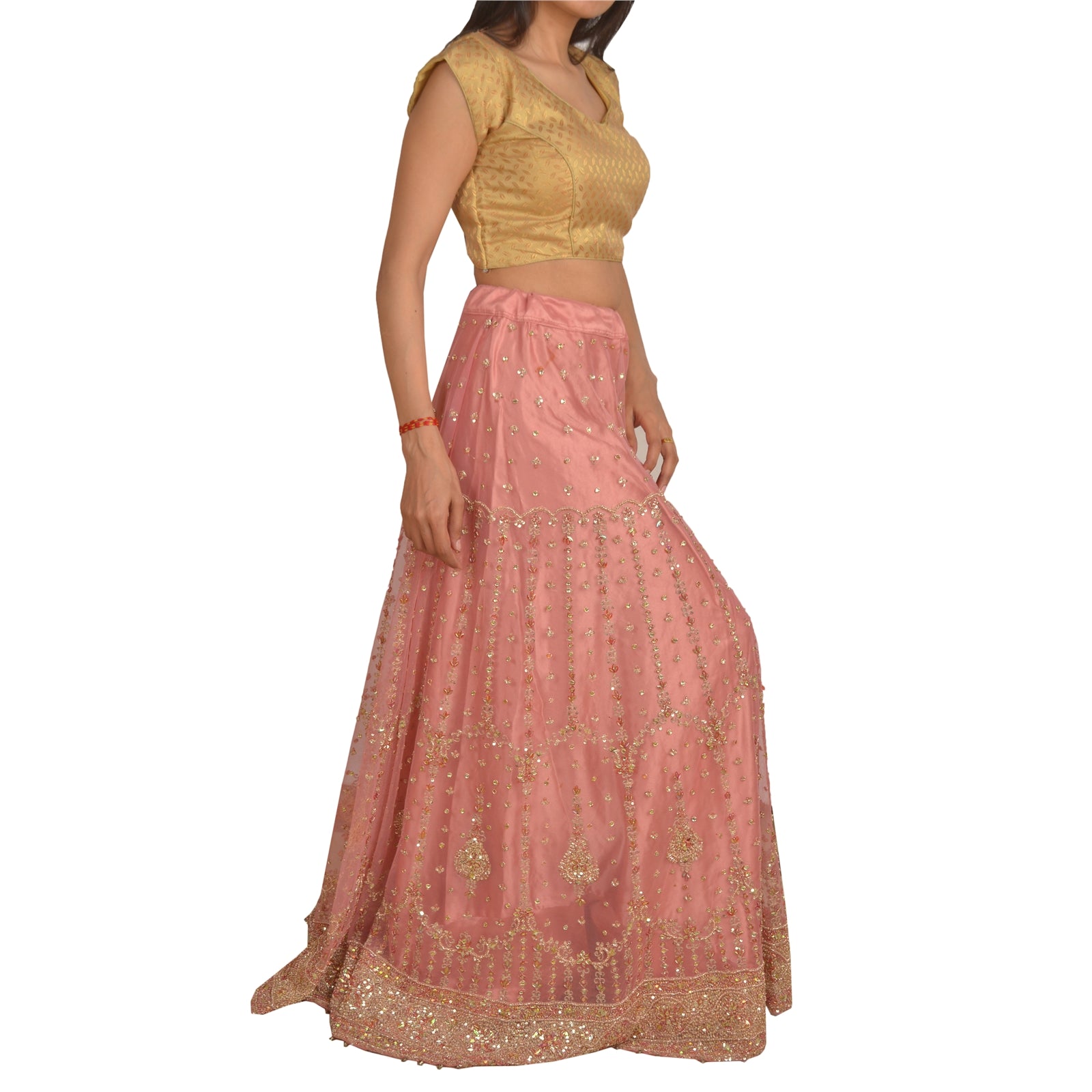 Sanskriti Vintage Pink Long Indian Stitched Lehenga Net Mesh Hand Embroidered