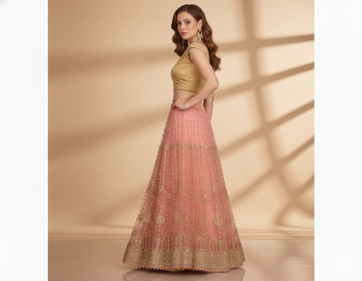 Sanskriti Vintage Pink Long Indian Stitched Lehenga Net Mesh Hand Embroidered