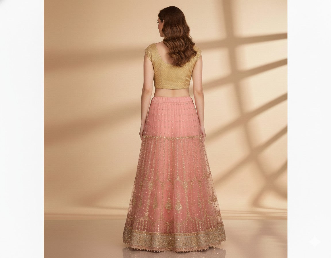 Sanskriti Vintage Pink Long Indian Stitched Lehenga Net Mesh Hand Embroidered